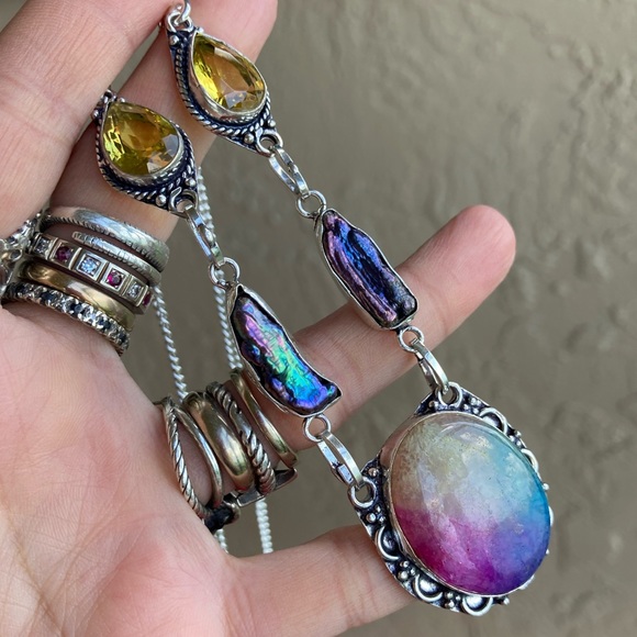 925 sterling silver overlay citrine black pearl Rainbow solar quartz necklace - Picture 10 of 15